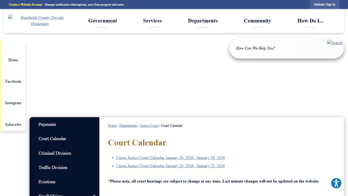 Court Calendar Humboldt County, NV