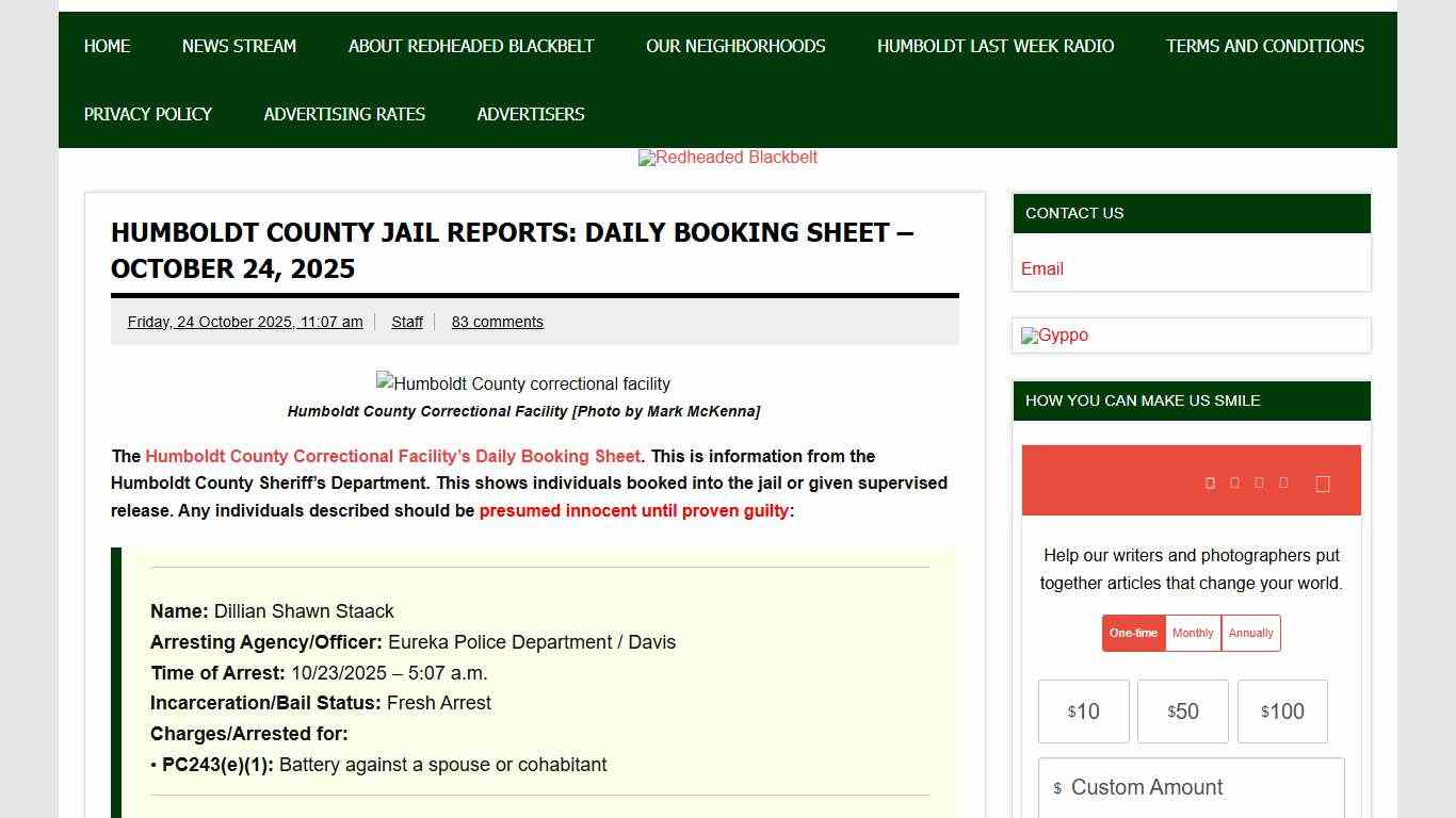 Humboldt County Jail Reports: Daily Booking Sheet - October 24, 2025 - Redheaded Blackbelt